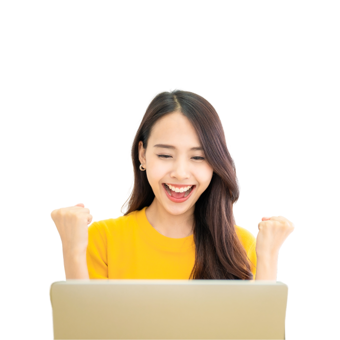 Happy woman with computer using Shared Vision's Product Hub tool