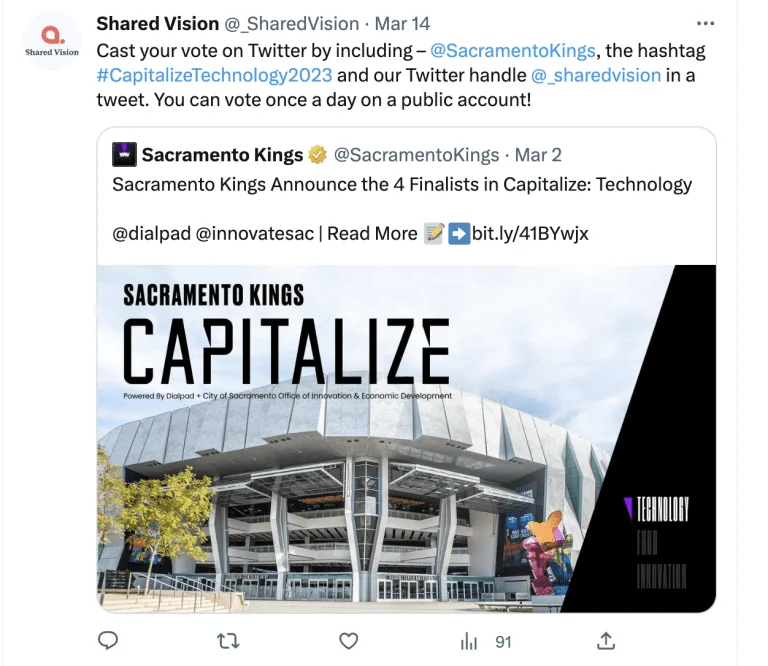 Screenshot of tweet announcing Shared Vision as the Sacramento Kings 2023 Capitalize Technology Winner for Affiliate Marketing SaaS