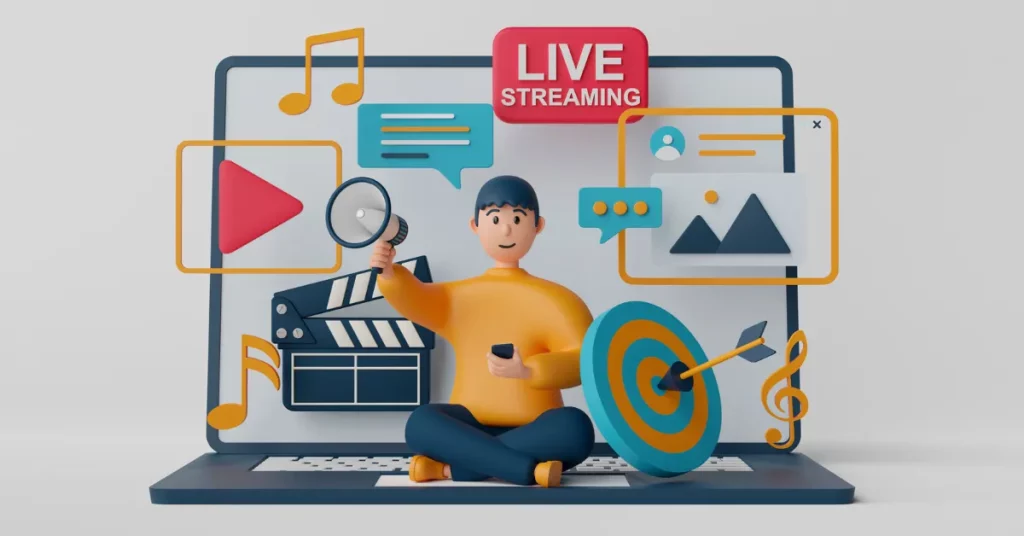 Graphic of creator with megaphone and a laptop with all the different streaming references of video, music, live streaming.