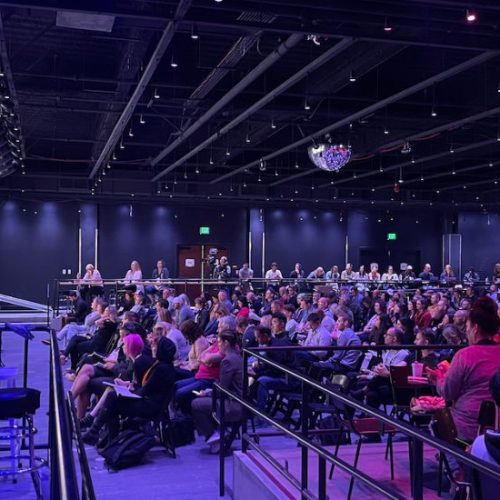 Photo of conference speaker and audience.